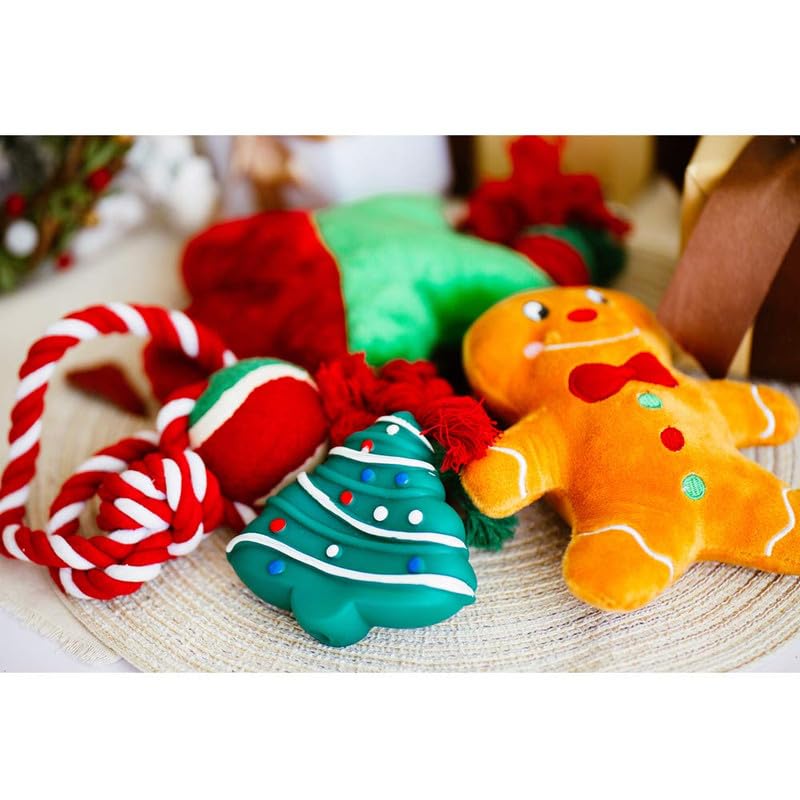 Highland Farms Select Christmas Dog Stocking Gifts Set - Festive Puppy Stocking Variety Pack with Squeaky Toy, Cotton Knotted Rope Toy - 5 Packs - Image 5